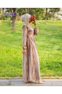3135 Çizgi Detaylı Elbise - Somon-Mavi
