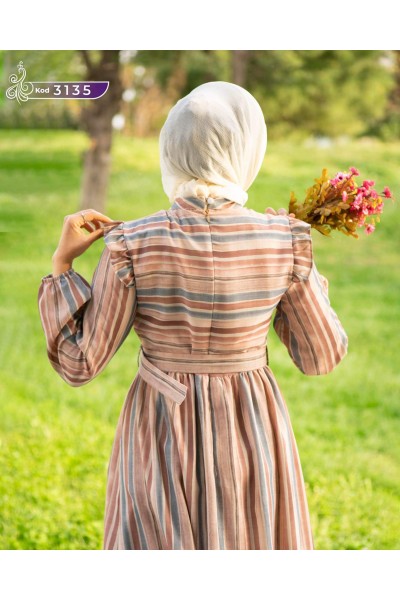 3135 Çizgi Detaylı Elbise - Somon-Mavi 