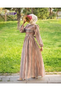 3135 Çizgi Detaylı Elbise - Somon-Mavi