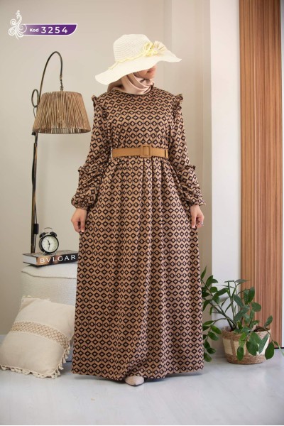 3254 Desenli elbise - Bej