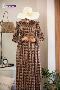 3254 Desenli elbise - Bej