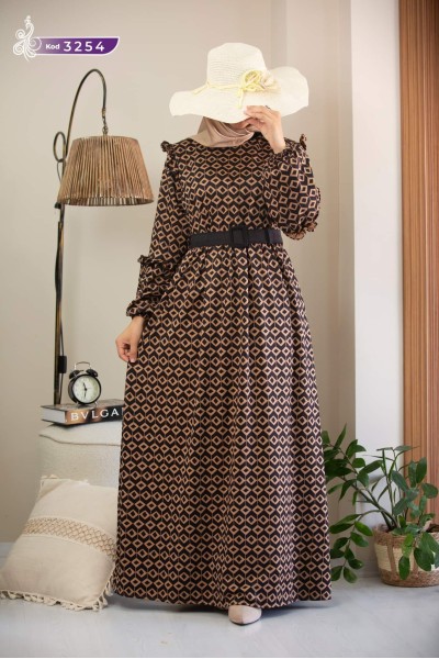 3254 Desenli elbise - Siyah 