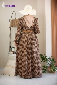 3254 Desenli elbise - Bej
