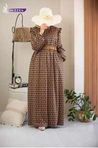 3254 Desenli elbise - Bej