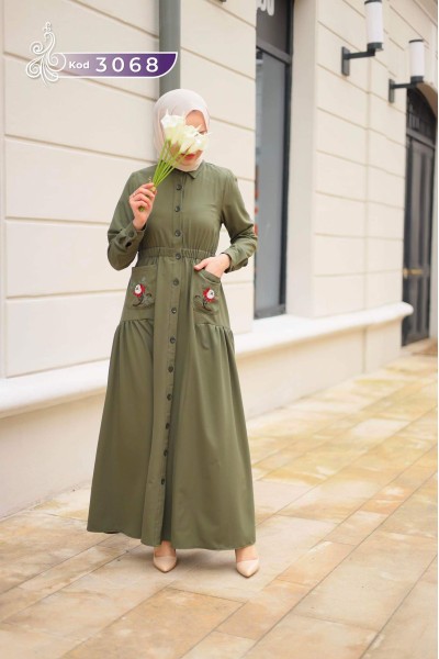 3068 Önden Düğmeli Elbise - Haki