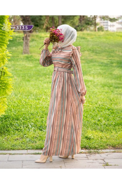 3135 Çizgi Detaylı Elbise - Somon-yeşil 