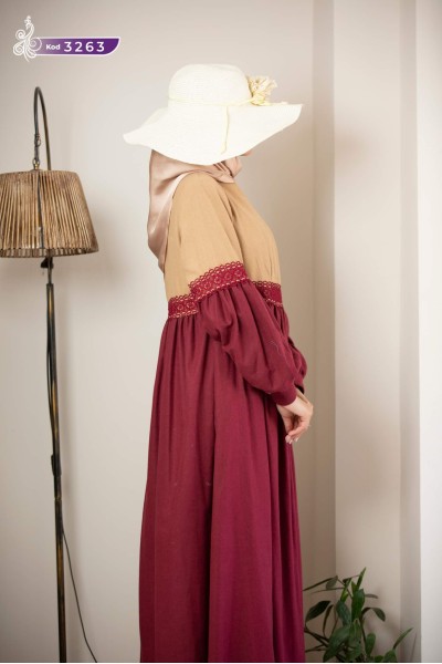 3263  İki Renk Elbise - Vizon & Bordo 