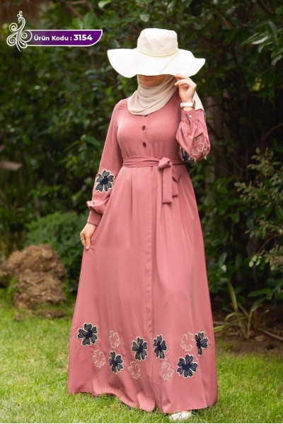 3154 Çiçek Detaylı Elbise - Pembe 