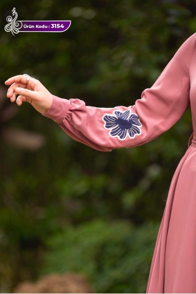 3154 Çiçek Detaylı Elbise - Pembe 
