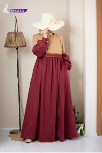 3263  İki Renk Elbise - Vizon & Bordo