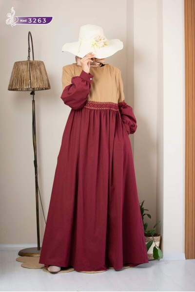 3263  İki Renk Elbise - Vizon & Bordo 