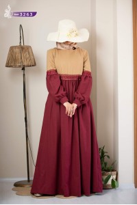 3263  İki Renk Elbise - Vizon & Bordo