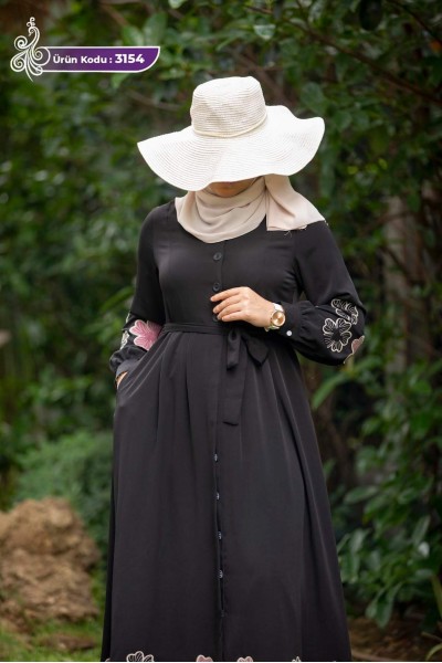 3154 Çiçek Detaylı Elbise - Black 