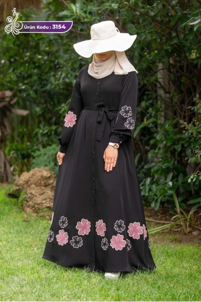 3154 Çiçek Detaylı Elbise - Black