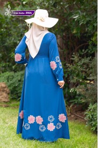 3154 Çiçek Detaylı Elbise - Mavi