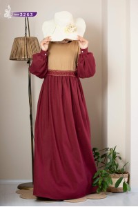 3263  İki Renk Elbise - Vizon & Bordo
