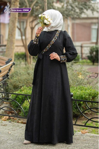 2306 Kruvaze Elbise  - Siyah 