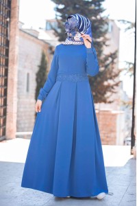 2152 Dantelli Elbise - Mavi