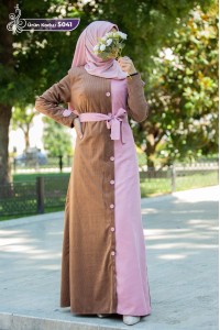 5041 Kadife Kuşaklı Elbise - Kahverengi & Pudra