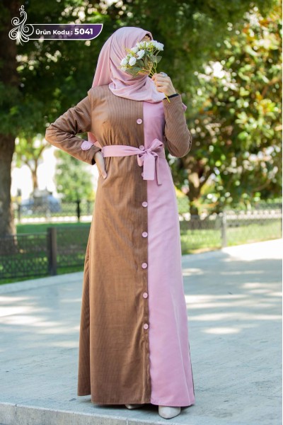 5041 Kadife Kuşaklı Elbise - Kahverengi & Pudra