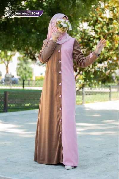 5041 Kadife Kuşaklı Elbise - Kahverengi & Pudra 
