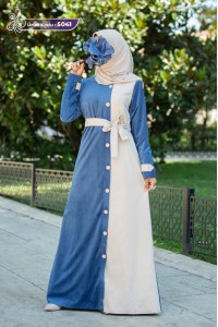 5041 Kadife Kuşaklı Elbise - İndigo & krem