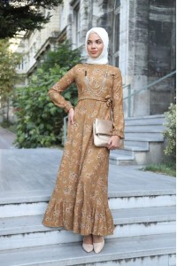 2174 Çiçekli Kadife Elbise - Taba 