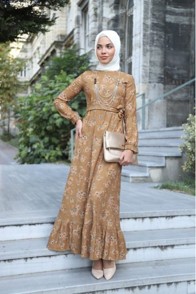 2174 Çiçekli Kadife Elbise - Taba  