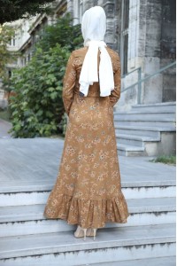 2174 Çiçekli Kadife Elbise - Taba 