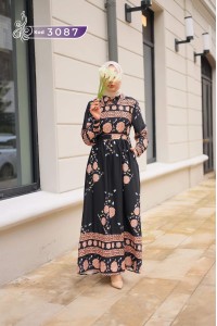 3087 Etnik Desenli Elbise - Siyah