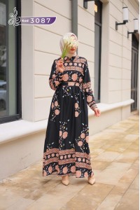 3087 Etnik Desenli Elbise - Siyah