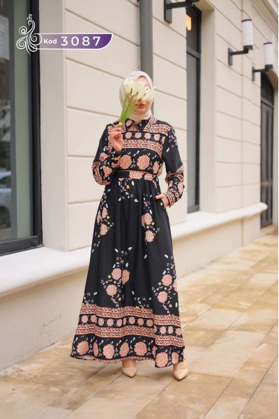 3087 Etnik Desenli Elbise - Siyah