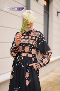 3087 Etnik Desenli Elbise - Siyah