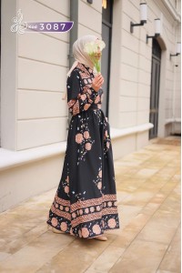 3087 Etnik Desenli Elbise - Siyah