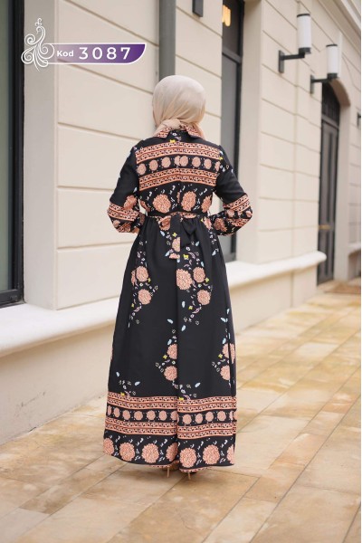 3087 Etnik Desenli Elbise - Siyah 