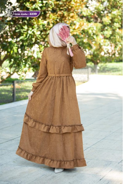 2239 İnci Detaylı Elbise - Taba