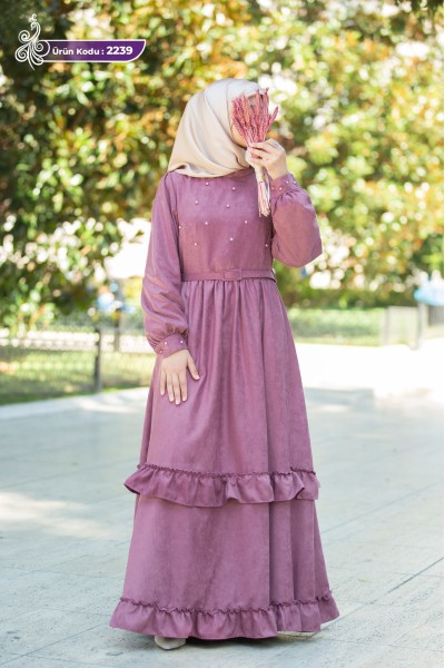 2239 İnci Detaylı Elbise - Pembe 