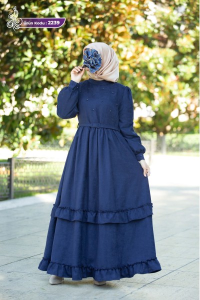 2239 İnci Detaylı Elbise - Mavi