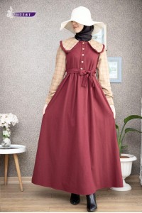  1161  Yaka Detaylı Elbise - Bordo & Bej