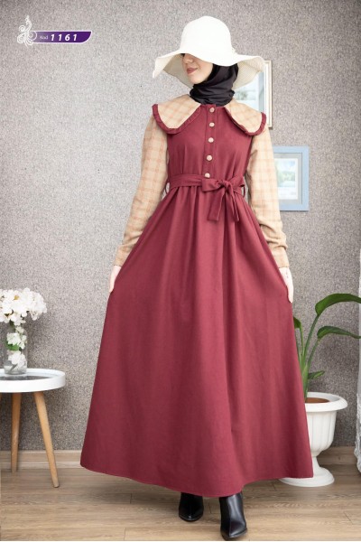  1161  Yaka Detaylı Elbise - Bordo & Bej 