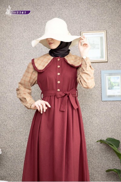  1161  Yaka Detaylı Elbise - Bordo & Bej 