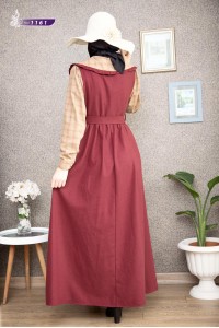  1161  Yaka Detaylı Elbise - Bordo & Bej