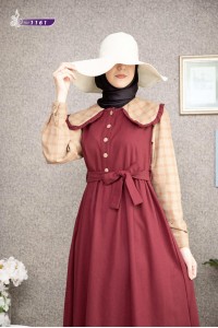  1161  Yaka Detaylı Elbise - Bordo & Bej