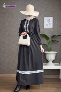  1171 Dantel Detaylı Elbise - Füme 