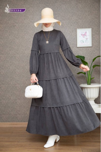  1194 Sade Model Kışlık Elbise - Füme  