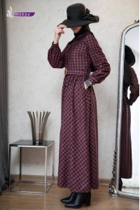1234  Ekose Elbise - Bordo