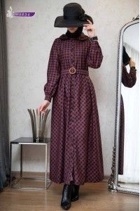 1234  Ekose Elbise - Bordo