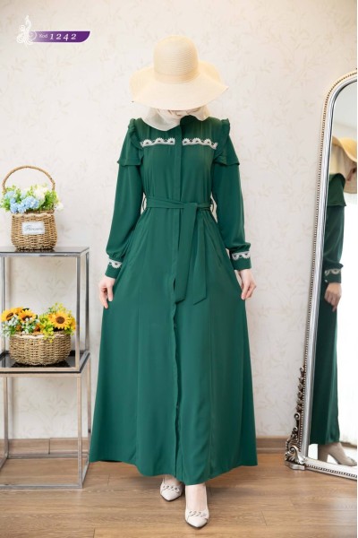 1242 Motif İşlemeli Ferace - Yeşil  