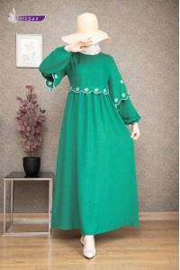 1342 Papatya Desenli Elbise - Yeşil