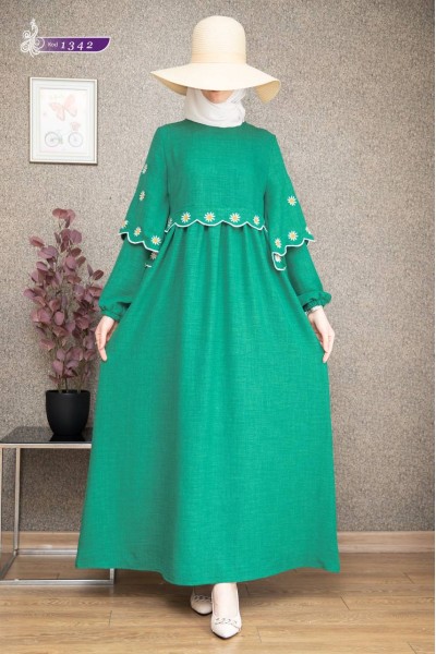 1342 Papatya Desenli Elbise - Yeşil 